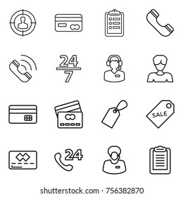 Thin line icon set : target audience, card, clipboard, phone, call, 24 7, center, woman, credit, label, sale, support manager