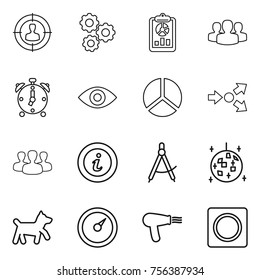 Thin Line Icon Set : Target Audience, Gear, Report, Group, Alarm Clock, Eye, Diagram, Core Splitting, Info, Draw Compass, Disco Ball, Dog, Barometer, Hair Dryer, Ring Button