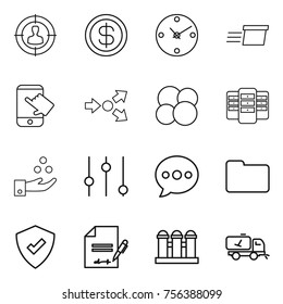 Thin line icon set : target audience, dollar, clock, delivery, touch, core splitting, atom, server, chemical industry, equalizer, balloon, documents, protected, inventory, grain elevator