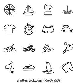 Thin line icon set : target, boat, chess horse, t shirt, stopwatch, stadium, car baggage, bike, motorcycle, surfer, tennis, golf, jet ski, windsurfing