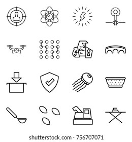 thin line icon set : target audience, atom, lightning, laser, drone, chip, modern architecture, bridge, package, protected, jellyfish, colander, ladle, seeds, harvester, iron board
