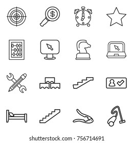 thin line icon set : target, dollar magnifier, alarm clock, star, abacus, monitor arrow, chess horse, notebook, pencil wrench, block wall, stairs, check in, bed, walnut crack, vacuum cleaner