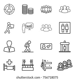 thin line icon set : target audience, coin stack, team, group, courier, presentation, wc, client, tourist, check in, detector, hospital, skysrcapers cleaning, skyscrapers, outsource