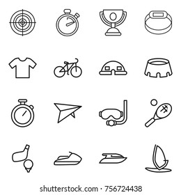 Thin line icon set : target, stopwatch, trophy, smart bracelet, t shirt, bike, dome house, stadium, deltaplane, diving mask, tennis, golf, jet ski, yacht, windsurfing