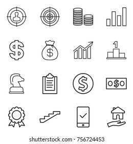 Thin line icon set : target audience, coin stack, graph, dollar, money bag, diagram, pedestal, chess horse, clipboard, medal, stairs, mobile checking, housing