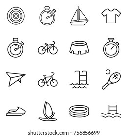 Thin line icon set : target, stopwatch, boat, t shirt, bike, stadium, deltaplane, pool, tennis, jet ski, windsurfing, inflatable