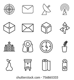 Thin line icon set : target, mail, satellite antenna, box, 3d, route, hotel, life vest, watch, seedling, pear, hive, paper towel, do not distrub