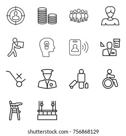 Thin line icon set : target audience, coin stack, team, woman, courier, bulb head, pass card, architector, do not trolley sign, security man, passenger, invalid, Chair for babies