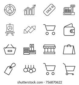 Thin line icon set : target audience, diagram, sale, cashbox, presentation, up down arrow, cart, wallet, remove from basket, store, market, shopping bag, label