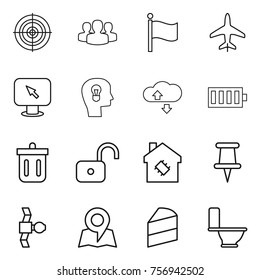 Thin line icon set : target, group, flag, plane, monitor arrow, bulb head, cloud service, battery, bin, unlock, smart house, pin, satellite, map, cake, toilet