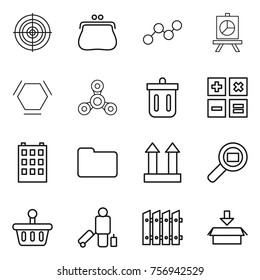 Thin line icon set : target, purse, graph, presentation, hex molecule, spinner, bin, calculator, building, documents, cargo top sign, search, basket, passenger, fence, package