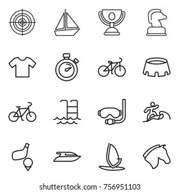 Thin line icon set : target, boat, trophy, chess horse, t shirt, stopwatch, bike, stadium, pool, diving mask, surfer, golf, yacht, windsurfing