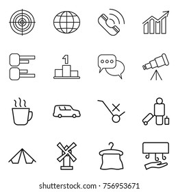 Thin line icon set : target, globe, call, diagram, pedestal, discussion, telescope, hot drink, car shipping, do not trolley sign, passenger, tent, windmill, hanger, hand dryer