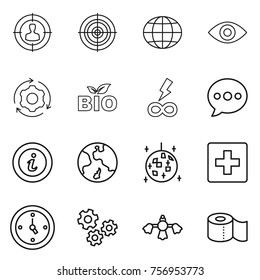 Thin line icon set : target audience, globe, eye, around gear, bio, infinity power, balloon, info, earth, disco ball, first aid, watch, gears, hard reach place cleaning, toilet paper
