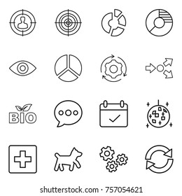 Thin line icon set : target audience, circle diagram, eye, around gear, core splitting, bio, balloon, terms, disco ball, first aid, dog, gears, reload