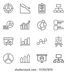 Thin line icon set : target audience, crisis, report, hierarchy, diagram, circle, presentation, graph, up
