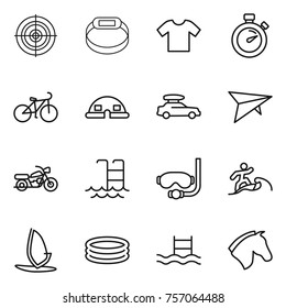 Thin line icon set : target, smart bracelet, t shirt, stopwatch, bike, dome house, car baggage, deltaplane, motorcycle, pool, diving mask, surfer, windsurfing, inflatable, horse