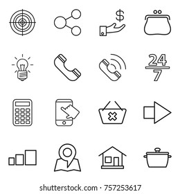 Thin line icon set : target, share, investment, purse, bulb, phone, call, 24 7, calculator, touch, delete cart, right arrow, sorting, map, home, pan