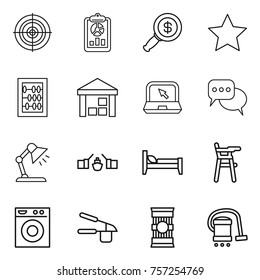 Thin line icon set : target, report, dollar magnifier, star, abacus, warehouse, notebook, discussion, table lamp, drawbridge, bed, Chair for babies, washing machine, garlic clasp, pasta