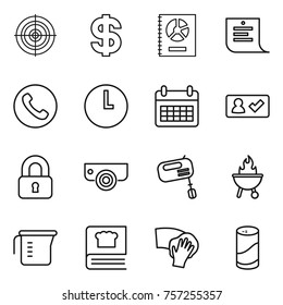 Thin line icon set : target, dollar, annual report, shopping list, phone, clock, calendar, check in, locked, surveillance camera, mixer, bbq, measuring cup, cooking book, wiping, cleanser powder