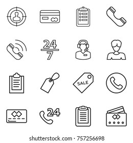 Thin line icon set : target audience, card, clipboard, phone, call, 24 7, center, woman, label, sale, credit