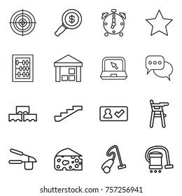 Thin line icon set : target, dollar magnifier, alarm clock, star, abacus, warehouse, notebook, discussion, block wall, stairs, check in, Chair for babies, garlic clasp, cheese, vacuum cleaner
