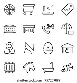 Thin line icon set : target, delivery, notebook, sale label, airport building, gas station, phone 24, insurance, map, satellite antenna, egg timer, warehouse, barrel, horse, bath, vacuum cleaner