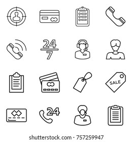 Thin line icon set : target audience, card, clipboard, phone, call, 24 7, center, woman, credit, label, sale, support manager
