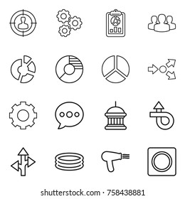Thin line icon set : target audience, gear, report, group, circle diagram, core splitting, balloon, goverment house, trip, route, inflatable pool, hair dryer, ring button