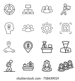 Thin line icon set : target audience, hierarchy, group, courier, bulb head, round around, fingerprint, car pointer, dollar pin, customs control, security man, tourist, baggage checking, cleaner
