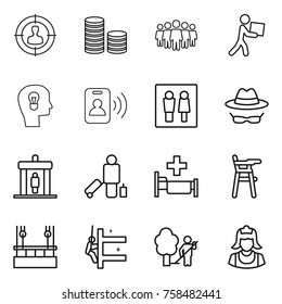 Thin line icon set : target audience, coin stack, team, courier, bulb head, pass card, wc, confidential, detector, passenger, hospital, Chair for babies, skysrcapers cleaning, skyscrapers, garden