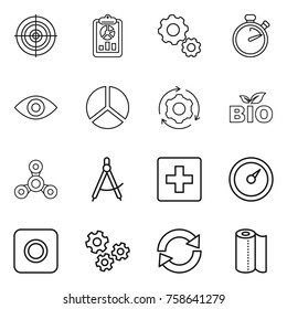Thin line icon set : target, report, gear, stopwatch, eye, diagram, around, bio, spinner, draw compass, first aid, barometer, ring button, gears, reload, paper towel