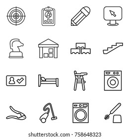 Thin line icon set : target, report, pencil, monitor arrow, chess horse, warehouse, block wall, stairs, check in, bed, Chair for babies, washing machine, walnut crack, vacuum cleaner, toilet brush