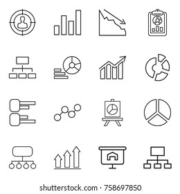 Thin line icon set : target audience, graph, crisis, report, hierarchy, diagram, circle, presentation, structure, up