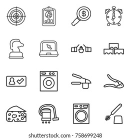 Thin line icon set : target, report, dollar magnifier, alarm clock, chess horse, notebook, drawbridge, block wall, check in, washing machine, garlic clasp, walnut crack, cheese, vacuum cleaner