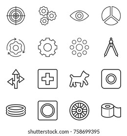 Thin Line Icon Set : Target, Gear, Eye, Diagram, Around, Round, Drawing Compasses, Route, First Aid, Dog, Ring Button, Inflatable Pool, Wheel, Toilet Paper