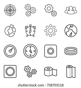 Thin line icon set : target, gear, group, circle diagram, alarm clock, round around, earth, barometer, watch, ring button, inflatable pool, gears, toilet paper, towel