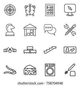 Thin line icon set : target, alarm clock, abacus, monitor arrow, chess horse, warehouse, discussion, pencil wrench, drawbridge, block wall, stairs, check in, walnut crack, cheese, washing machine