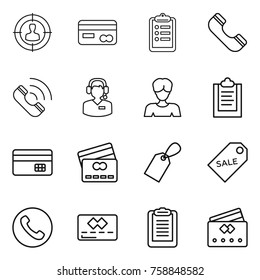 Thin line icon set : target audience, card, clipboard, phone, call, center, woman, credit, label, sale
