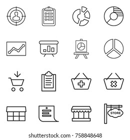 Thin line icon set : target audience, clipboard, circle diagram, statistics, presentation, add to cart, basket, delete, market, shopping list, store signboard