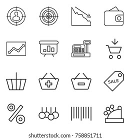 Thin line icon set : target audience, crisis, wallet, statistics, presentation, cashbox, add to cart, basket, remove from, sale label, percent, bar code