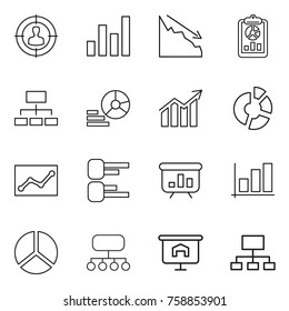 Thin line icon set : target audience, graph, crisis, report, hierarchy, diagram, circle, statistics, presentation, structure