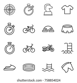 Thin line icon set : target, stopwatch, chess horse, t shirt, bike, dome house, stadium, motorcycle, pool, jet ski, inflatable