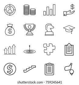 Thin line icon set : target audience, coin stack, graph, investment, money bag, trophy, chess horse, graduate hat, up, puzzle, clipboard, dollar, stairs, golf