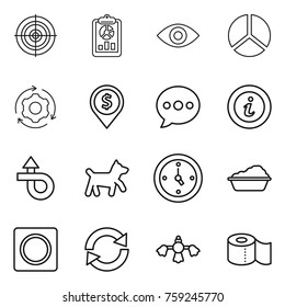 Thin Line Icon Set : Target, Report, Eye, Diagram, Around Gear, Dollar Pin, Balloon, Info, Trip, Dog, Watch, Washing, Ring Button, Reload, Hard Reach Place Cleaning, Toilet Paper