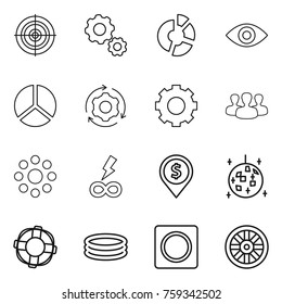 Thin Line Icon Set : Target, Gear, Circle Diagram, Eye, Around, Group, Round, Infinity Power, Dollar Pin, Disco Ball, Lifebuoy, Inflatable Pool, Ring Button, Wheel