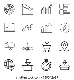 Thin line icon set : target, crisis, diagram, graph, up, lightning, cloude service, add to cart, geo pin, delivery, package, stopwatch