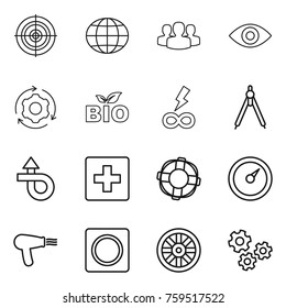 Thin line icon set : target, globe, group, eye, around gear, bio, infinity power, drawing compasses, trip, first aid, lifebuoy, barometer, hair dryer, ring button, wheel, gears