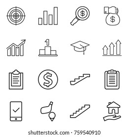 Thin line icon set : target, graph, dollar magnifier, money gift, diagram, pedestal, graduate hat, up, clipboard, coin, stairs, mobile checking, golf, housing