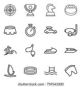 Thin line icon set : target, trophy, chess horse, smart bracelet, stadium, stopwatch, car baggage, diving mask, surfer, golf, jet ski, yacht, windsurfing, inflatable pool
